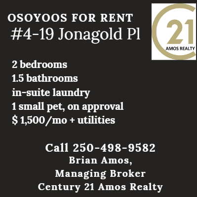 Downtown Osoyoos 4 plex for rent:  2 bedroom  Laminate Floors  (Listed 2025-11-01)